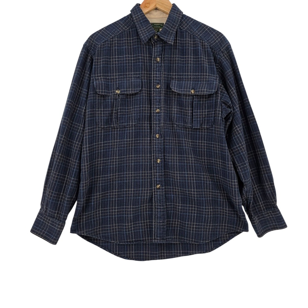 Filson Mens M Blue Plaid Flannel Expandable Pleated Pocket Utility Shirt